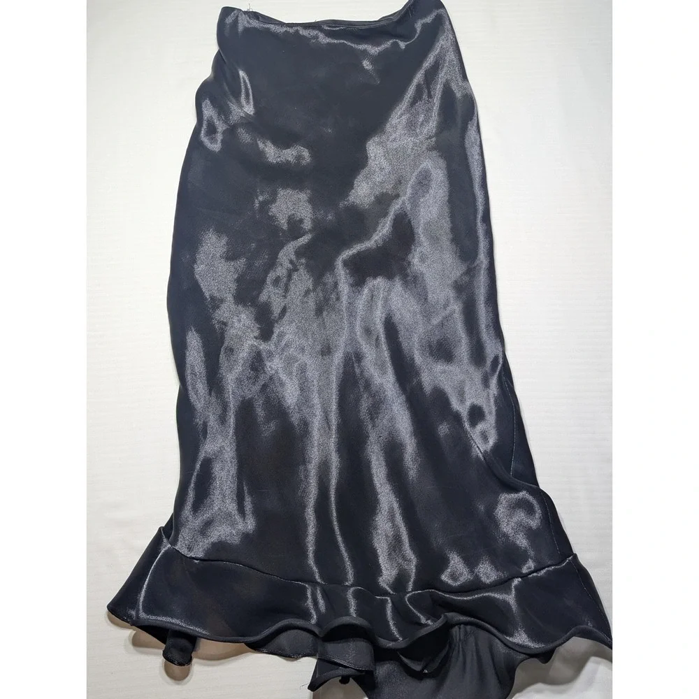Vintage Ralph Lauren Black Liquid Satin MidiSkirt Asymmetric Ruffle 90s Runway 6